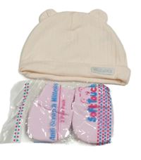 Nové - 3set - 1x Broskvová čepice + 2x růžové bavlněné rukavice