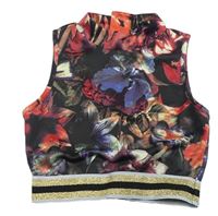 Černo-zlatý crop top s květy a lístečky Candy Couture