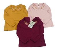 Nové - 3x - Triko s límečkem s květy - Vínové, medové, světlerůžové Tu