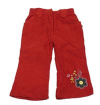 Červené wide leg manšestráky s květy a srdíčky 