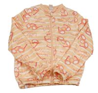 Světleoranžovo-bílá pruhovaná saténová bunda s brýlemi a nápisy little kids