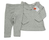 Nové - 2Set - Šedé melírované žebrované úpletové mikinotriko s volánkem + kalhoty PRIMARK