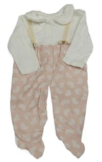 Světlerůžovo-bílý pruhovaný overal se srdíčky a krajkovými kšandami a límečkem Mabidoo