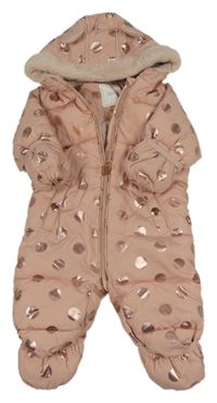 Starorůžová puntíkatá prošívaná šusťáková zimní kombinéza s kapucí s kožešinou a oušky Next