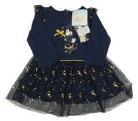 Nové - 2Set - Tmavomodré šaty s Minnie a tylem se zlatými hvězdičkami a volánky + čelenka Disn ey