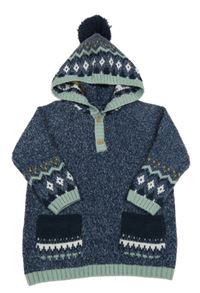 Tmavomodro-mentolový melírovaný svetr se vzorem a kapucí George