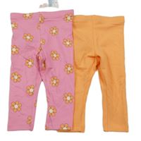 Nové - 2x - Legíny - Růžové s květy, oranžové PRIMARK
