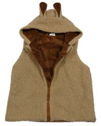 Béžovohnědá huňatá zateplená vesta s kapucí s oušky
