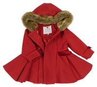 Červený flaušový podšitý kabát s mašlemi a kapucí s kožešinou F&F