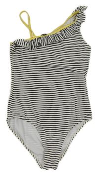 Bílo-černé pruhované krepové jednodílné asymetrické plavky s volánkem KIABI