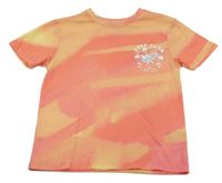 Růžovo-oranžové batikované tričko se surfařem a palmami a nápisy PRIMARK