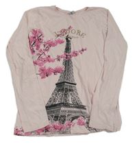 Růžové triko s Eiffelovkou a květy Page One Young