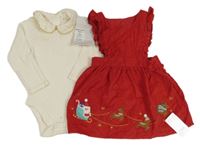 Nové - 2set - Červené manšestrové šaty se Santou a boy + krémové body s límečkem M&S