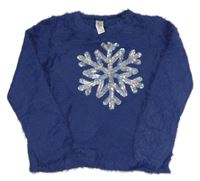 Tmavomodrý chlupatý svetr s vločkou z flitrů C&A