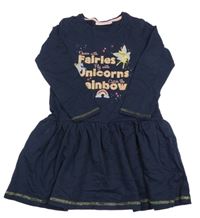 Tmavomodré bavlněné šaty s nápisem a jednorožcem s vílou