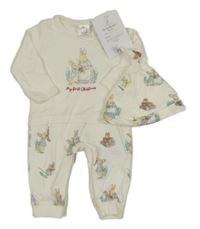 Nové - 2set - Smetanový overal s králíkem - Králíček Petr + bavlněná čepice