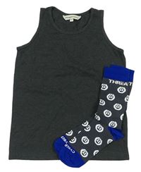 2 set - Tmavošedý nátělník + šedo-modré vzorované ponožky 