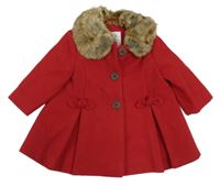 Červený flaušový kabát s kožešinovým límcem F&F