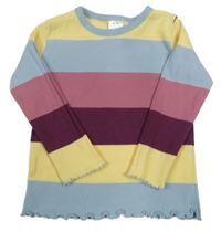 Modro-žluto-růžové pruhované žebrované triko 
