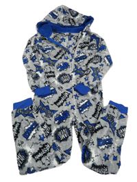 Šedo-modrá plyšová kombineza s nápisy a kapucí Peacocks