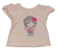 Růžové tričko s dívkou a květy GAP