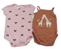 2set - 2x body - Broskvové s žirafami + růžové s mašlemi 