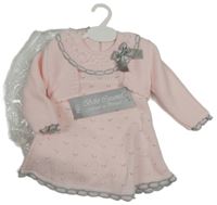 2set - Růžovo-šedé pletené šaty s mašlí + růžové svetrové bolerko 