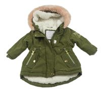 Khaki šusťáková zimní bunda s kapucí s kožešinou Primark