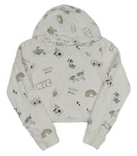 Bílá crop mikina s obrázky a kapucí H&M