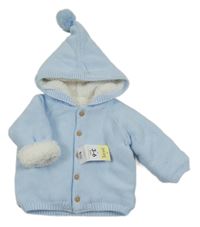 Nové - Světlemodrý propínací zateplený svetr s kapucí s bambulí Matalan