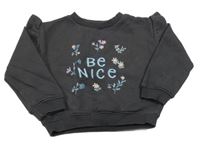 Antracitová mikina s nápisem a květy Nutmeg