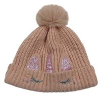 Růžová čepice s jednorožcem a bambulí Primark