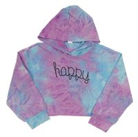 Světlemodro-fialová batikovaná crop mikina s nápisem a kapucí Shein