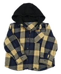 Tmavomodro-béžovo-černá kostkovaná košilová bunda s teplákovou kapucí Primark