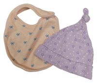 2set - lila čepice se srdíčky + růžový bryndák s mašlemi 