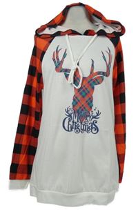 Pánské bílo-kostkované vánoční triko s jelenem a kapucí 