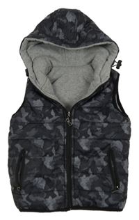 Černo-šedá army šusťáková zateplená oboustranná vesta s kapucí 