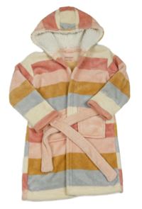 Růžovo-bílo-modrý pruhovaný chlupatý župan s kapucí Primark