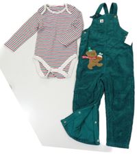 Nové - 2 Set - Zelené manšestrové laclové podšité kalhoty s méďou + Bílo-červeno-zelené pruhované body M&S