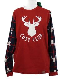 Nové - Pánské červeno-tmavomodré fleecové pyžamové triko se sobem