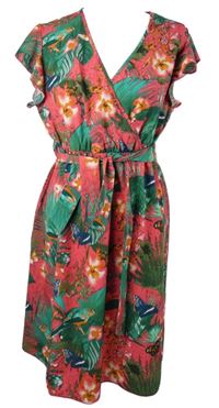 Dámské zeleno-růžové šaty s listy a páskem Shein