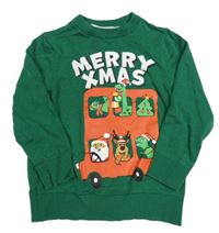 Zelený svetr se zvířaty a autobusem H&M