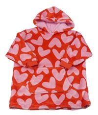 Červená chlupatá oversize mikina se srdíčky a kapucí 