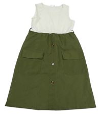 Bílo-khaki žebrované šaty s kapsami a knoflíky Shein