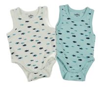 Nové - 2x tílkové body s rybami - bílé + světlemodré Topomini
