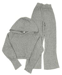 2set - Šedý žebrovaný crop svetr s kapucí + kalhoty Shein
