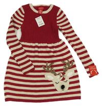 Nové - Červeno-smetanové pruhované svetrové šaty se sobem s rolničkami Jingles&Joy