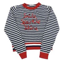 Tmavomodro-bílo-červený pruhovaný crop svetr s nápisem Next
