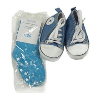 Nové - 2set - Modré plátěné capáčky vel 18 + modré ponožky 