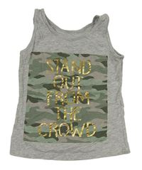 Šedý melírovaný top s army potiskem se zlatými nápisy PRIMARK